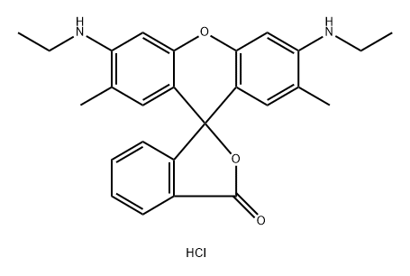 Spiro[isobenzofuran-1(3 H ),9′-[9 H ]xanthen]-3-one, 3′,6′-bis(ethylamino)-2′,7′-dimethyl-, hydrochloride (1:1) (ACI) Structure