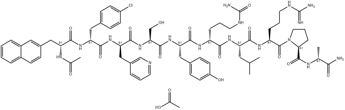 D-Alaninamide, N-acetyl-3-(2-naphthalenyl)-D-alanyl-4-chloro-D-phenylalanyl-3-(3-pyridinyl)-D-alanyl-L-seryl-L-tyrosyl-N5-(aminocarbonyl)-D-ornithyl-L-leucyl-L-arginyl-L-prolyl-, acetate (1:1) Structure