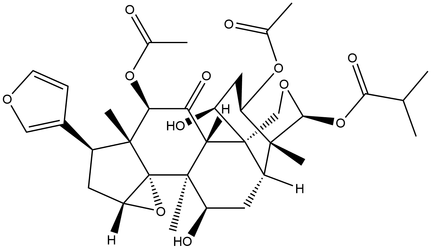 24-Norchola-20,22-diene-4-carboxaldehyde, 3,12-bis(acetyloxy)-14,15:21,23-diepoxy-1,7,19-trihydroxy-4,8-dimethyl-11-oxo-, cyclic 4,19-(2-methyl-1-oxopropyl acetal), [C(S),1α,3α,4β,5α,7α,12α,13α,14β,15β,17α]- Structure