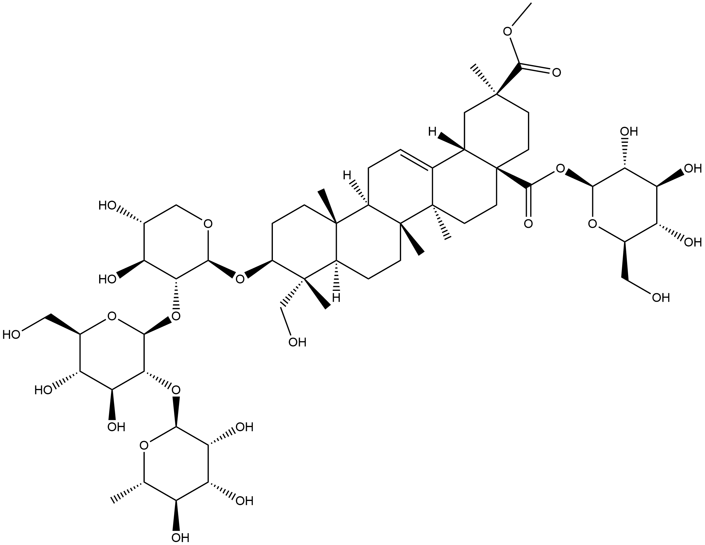 Olean-12-ene-28,29-dioic acid, 3-[(O-6-deoxy-α-L-mannopyranosyl-(1→2)-O-β-D-glucopyranosyl-(1→2)-β-D-xylopyranosyl)oxy]-23-hydroxy-, 28-β-D-glucopyranosyl 29-methyl ester, (3β,4α,20β)- Structure