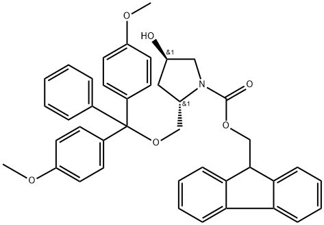 1-Pyrrolidinecarboxylic acid, 2-[[bis(4-methoxyphenyl)phenylmethoxy]methyl]-4-hydroxy-, 9H-fluoren-9-ylmethyl ester, (2S,4R)- 구조식 이미지