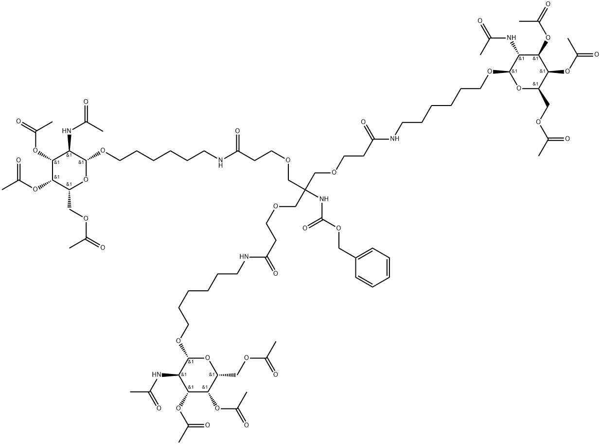 Carbamic acid, N-[2-[3-oxo-3-[[6-[[3,4,6-tri-O-acetyl-2-(acetylamino)-2-deoxy-β-D-galactopyranosyl]oxy]hexyl]amino]propoxy]-1,1-bis[[3-oxo-3-[[6-[[3,4,6-tri-O-acetyl-2-(acetylamino)-2-deoxy-β-D-galactopyranosyl]oxy]hexyl]amino]propoxy]methyl]ethyl]-, phenylmethyl ester Structure