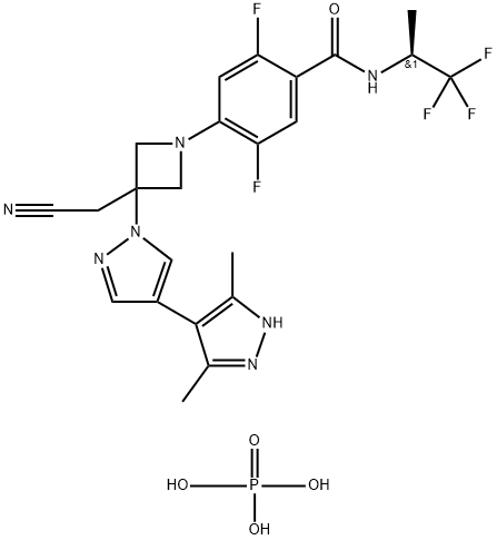 Benzamide, 4-[3-(cyanomethyl)-3-(3',5'-dimethyl[4,4'-bi-1H-pyrazol]-1-yl)-1-azetidinyl]-2,5-difluoro-N-[(1S)-2,2,2-trifluoro-1-methylethyl]-, phosphate (1:1) 구조식 이미지