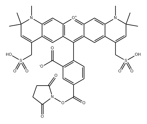 Pyrano[3,2-g:5,6-g']diquinolin-13-ium, 6-[2-carboxy-4-[[(2,5-dioxo-1-pyrrolidinyl)oxy]carbonyl]phenyl]-1,2,10,11-tetrahydro-1,2,2,10,10,11-hexamethyl-4,8-bis(sulfomethyl)-, inner salt 구조식 이미지