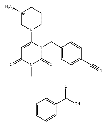 Benzonitrile, 4-[[6-[(3R)-3-amino-1-piperidinyl]-3,4-dihydro-3-methyl-2,4-dioxo-1(2H)-pyrimidinyl]methyl]-, benzoate (1:1) 구조식 이미지