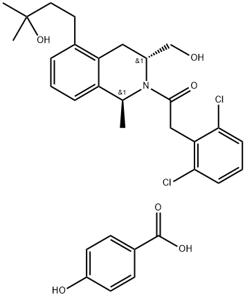 Benzoic acid, 4-hydroxy-, compd. with 2-(2,6-dichlorophenyl)-1-[(1S,3R)-3,4-dihydro-3-(hydroxymethyl)-5-(3-hydroxy-3-methylbutyl)-1-methyl-2(1H)-isoquinolinyl]ethanone (1:1) 구조식 이미지