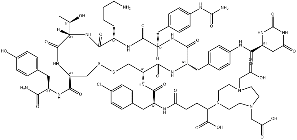 D-Tyrosinamide, N-[4-[4,7-bis(carboxymethyl)octahydro-1H-1,4,7-triazonin-1-yl]-4-carboxy-1-oxobutyl]-4-chloro-L-phenylalanyl-D-cysteinyl-4-[[[(4S)-hexahydro-2,6-dioxo-4-pyrimidinyl]carbonyl]amino]-L-phenylalanyl-4-[(aminocarbonyl)amino]-D-phenylalanyl-L-lysyl-L-threonyl-L-cysteinyl-, cyclic (2→7)-disulfide Structure