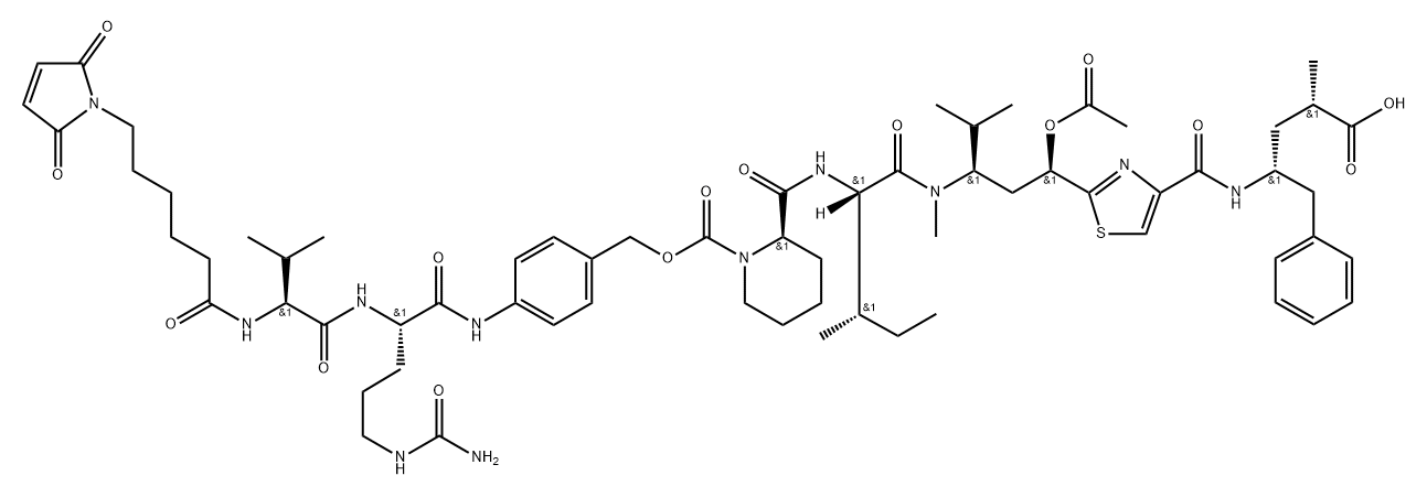L-Ornithinamide, N-[6-(2,5-dihydro-2,5-dioxo-1H-pyrrol-1-yl)-1-oxohexyl]-L-valyl-N-[4-[[[[(2R)-2-[[[(1S,2S)-1-[[[(1R,3R)-3-(acetyloxy)-3-[4-[[[(1R,3S)-3-carboxy-1-(phenylmethyl)butyl]amino]carbonyl]-2-thiazolyl]-1-(1-methylethyl)propyl]methylamino]carbonyl]-2-methylbutyl]amino]carbonyl]-1-piperidinyl]carbonyl]oxy]methyl]phenyl]-N5-(aminocarbonyl)- 구조식 이미지