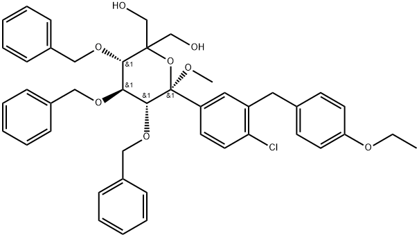 α-D-xylo-Hexopyranoside, methyl 1-C-[4-chloro-3-[(4-ethoxyphenyl)methyl]phenyl]-5-C-(hydroxymethyl)-2,3,4-tris-O-(phenylmethyl)- Structure