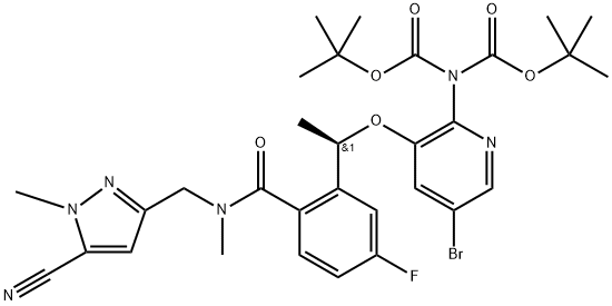 Imidodicarbonic acid, 2-[5-bromo-3-[(1R)-1-[2-[[[(5-cyano-1-methyl-1H-pyrazol-3-yl)methyl]methylamino]carbonyl]-5-fluorophenyl]ethoxy]-2-pyridinyl]-, 1,3-bis(1,1-dimethylethyl) ester 구조식 이미지