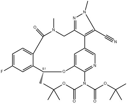 Imidodicarbonic acid, 2-[(10R)-3-cyano-12-fluoro-10,15,16,17-tetrahydro-2,10,16-trimethyl-15-oxo-2H-4,8-methenopyrazolo[4,3-h][2,5,11]benzoxadiazacyclotetradecin-7-yl]-, 1,3-bis(1,1-dimethylethyl) ester 구조식 이미지