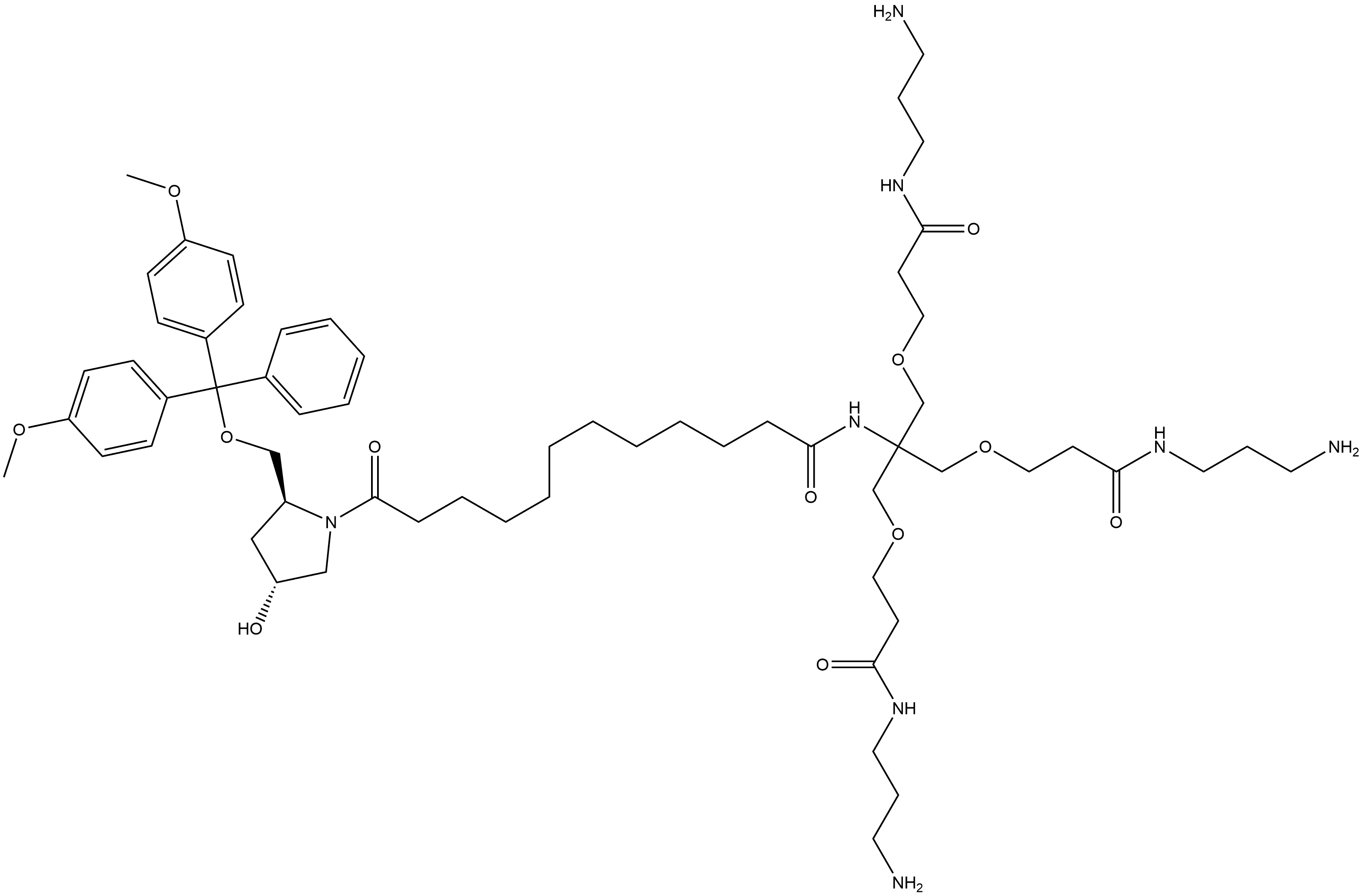 (2S,4R)-N-[2-[3-[(3-Aminopropyl)amino]-3-oxopropoxy]-1,1-bis[[3-[(3-aminopropyl)amino]-3-oxopropoxy]methyl]ethyl]-2-[[bis(4-methoxyphenyl)phenylmethoxy]methyl]-4-hydroxy-λ-oxo-1-pyrrolidinedodecanamide Structure