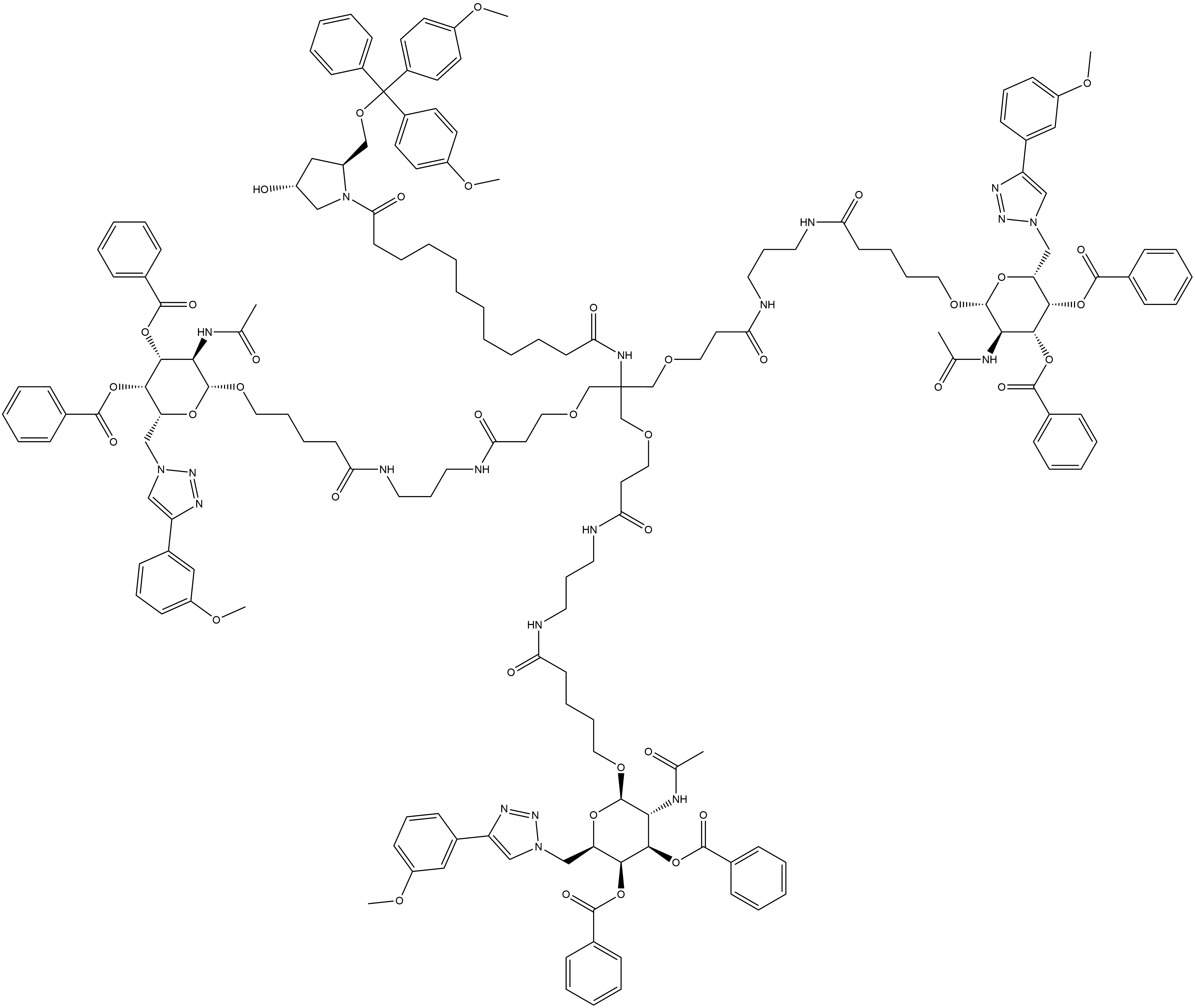 (2S,4R)-N-[2-[3-[[3-[[5-[[2-(Acetylamino)-3,4-di-O-benzoyl-2,6-dideoxy-6-[4-(3-methoxyphenyl)-1H-1,2,3-triazol-1-yl]-β-D-galactopyranosyl]oxy]-1-oxopentyl]amino]propyl]amino]-3-oxopropoxy]-1,1-bis[[3-[[3-[[5-[[2-(acetylamino)-3,4-di-O-benzoyl-2,6-dideoxy-6-[4-(3-methoxyphenyl)-1H-1,2,3-triazol-1-yl]-β-D-galactopyranosyl]oxy]-1-oxopentyl]amino]propyl]amino]-3-oxopropoxy]methyl]ethyl]-2-[[bis(4-methoxyphenyl)phenylmethoxy]methyl]-4-hydroxy-λ-oxo-1-pyrrolidinedodecanamide Structure