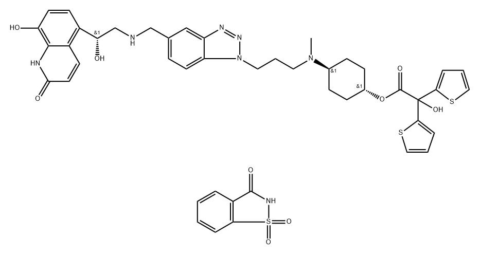 2-Thiopheneacetic acid, α-hydroxy-α-2-thienyl-, trans-4-[[3-[5-[[[(2R)-2-(1,2-dihydro-8-hydroxy-2-oxo-5-quinolinyl)-2-hydroxyethyl]amino]methyl]-1H-benzotriazol-1-yl]propyl]methylamino]cyclohexyl ester, compd. with 1,2-benzisothiazol-3(2H)-one 1,1-dioxide (1:1) Structure