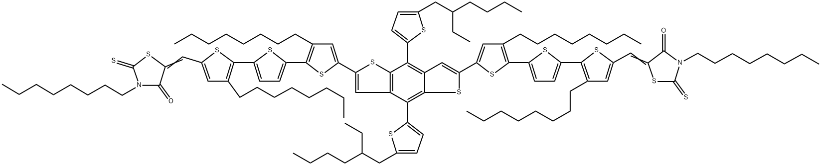 2,6-Bis[2,5-bis(3-octylrhodanine)-(3,3-dioctyl-2,2':5,2''-terthiophene)]-4,8-bis((5-ethylhexyl)thiophen-2-yl)benzo[1,2-b:4,5-b']dithiophene 구조식 이미지