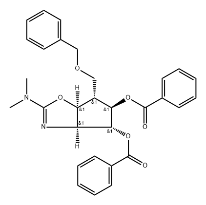 4H-Cyclopentoxazole-4,5-diol, 2-(dimethylamino)-3a,5,6,6a-tetrahydro-6-(phenylmethoxy)methyl-, dibenzoate (ester), 3aS-(3a.alpha.,4.alpha.,5.beta.,6.alpha.,6a.alpha.)- 구조식 이미지