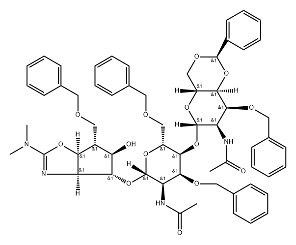 .beta.-D-Allopyranoside, 2-(dimethylamino)-3a,5,6,6a-tetrahydro-5-hydroxy-6-(phenylmethoxy)methyl-4H-cyclopentoxazol-4-yl 2-(acetylamino)-4-O-2-(acetylamino)-2-deoxy-3-O-(phenylmethyl)-4,6-O-(phenylmethylene)-.beta.-D-allopyranosyl-2-deoxy-3,6-bis-O-(phen Structure