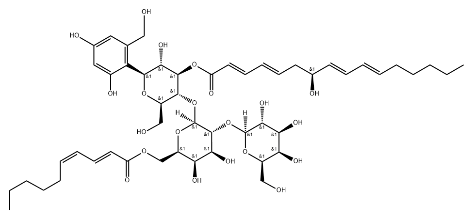 D-Glucitol, O-β-D-galactopyranosyl-(1→2)-O-6-O-[(2E,4Z)-1-oxo-2,4-decadienyl]-β-D-galactopyranosyl-(1→3)-1,5-anhydro-1-C-[2,4-dihydroxy-6-(hydroxymethyl)phenyl]-, 3-[(2E,4E,7S,8E,10E)-7-hydroxy-2,4,8,10-hexadecatetraenoate] (9CI) Structure