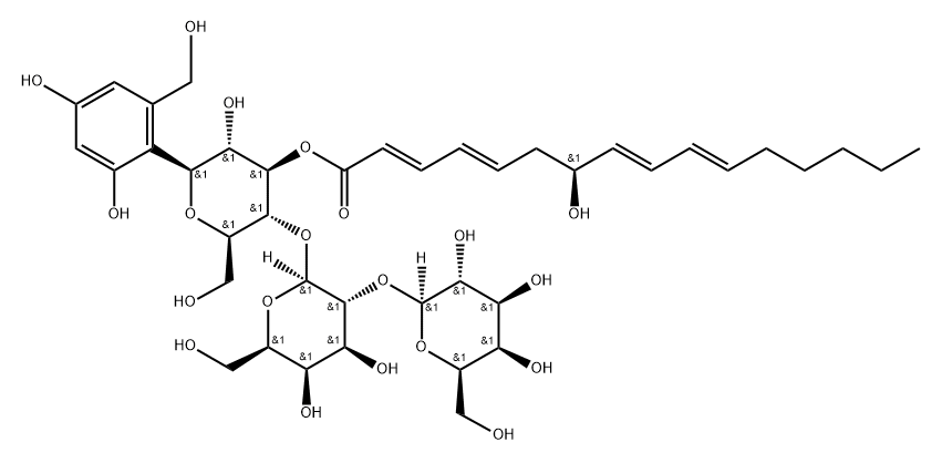 D-Glucitol, O-β-D-galactopyranosyl-(1→2)-O-β-D-galactopyranosyl-(1→3)-1,5-anhydro-1-C-[2,4-dihydroxy-6-(hydroxymethyl)phenyl]-, 3-[(2E,4E,7S,8E,10E)-7-hydroxy-2,4,8,10-hexadecatetraenoate] (9CI) 구조식 이미지