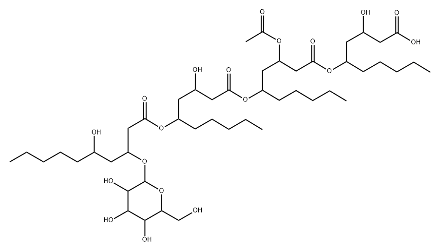 Decanoic acid, 3-(acetyloxy)-5-[[(3R,5R)-3-hydroxy-5-[[(3R,5R)-5-hydroxy-3-(β-D-mannopyranosyloxy)-1-oxodecyl]oxy]-1-oxodecyl]oxy]-, (1R)-1-[(2R)-3-carboxy-2-hydroxypropyl]hexyl ester, (3R,5R)- (9CI) 구조식 이미지