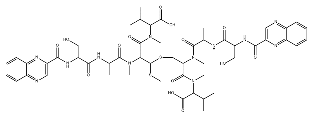 L-Valine, N-(2-quinoxalinylcarbonyl)-D-seryl-L-alanyl-3-mercapto-N,S-dimethylcysteinyl-N-methyl-, (3→3')-thioether with N-(2-quinoxalinylcarbonyl)-D-seryl-L-alanyl-N-methylcysteinyl-N-methyl-L-valine Structure