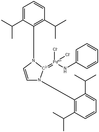 Palladium, (benzenamine)[1,3-bis[2,6-bis(1-methylethyl)phenyl]-1,3-dihydro-2H-imidazol-2-ylidene]dichloro-, (SP-4-1)- Structure