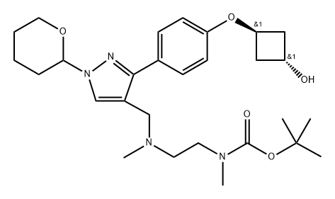 Carbamic acid, N-[2-[[[3-[4-[(trans-3-hydroxycyclobutyl)oxy]phenyl]-1-(tetrahydro-2H-pyran-2-yl)-1H-pyrazol-4-yl]methyl]methylamino]ethyl]-N-methyl-, 1,1-dimethylethyl ester Structure