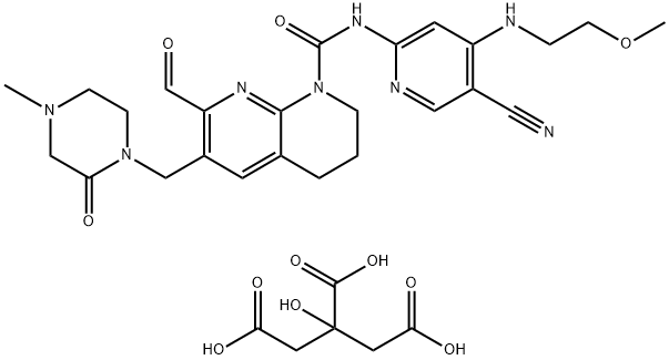 1,8-Naphthyridine-1(2H)-carboxamide, N-[5-cyano-4-[(2-methoxyethyl)amino]-2-pyridinyl]-7-formyl-3,4-dihydro-6-[(4-methyl-2-oxo-1-piperazinyl)methyl]-, 2-hydroxy-1,2,3-propanetricarboxylate (1:1) Structure