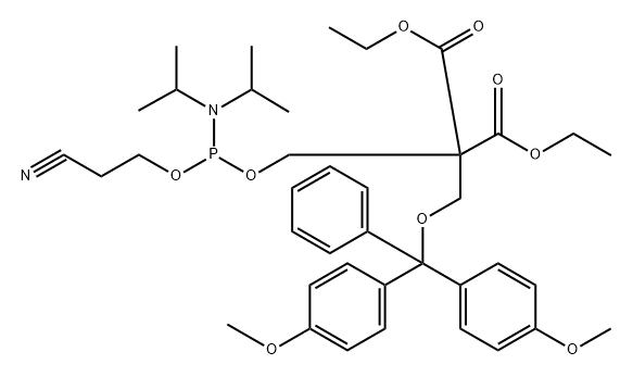 (2-cyanoethyl) (2,2-bis(ethoxycarbonyl)-3-(4,4'-dimethoxytrityloxy)propyl-1) N,N-diisopropylphosphoramidite Structure