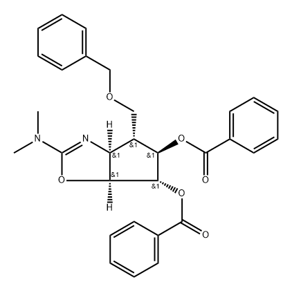 4H-Cyclopentoxazole-5,6-diol, 2-(dimethylamino)-3a,5,6,6a-tetrahydro-4-(phenylmethoxy)methyl-, dibenzoate (ester), 3aS-(3a.alpha.,4.alpha.,5.beta.,6.alpha.,6a.alpha.)- Structure