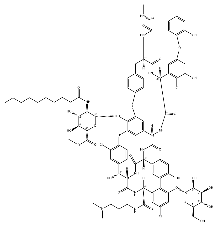 Ristomycin A aglycone, 5,31-dichloro-38-de(methoxycarbonyl)-7-demethyl-19-deoxy-56-O-[2-deoxy-6-methyl-2-[(9-methyl-1-oxodecyl)amino]-β-D-glucopyranuronosyl]-38-[[[3-(dimethylamino)propyl]amino]carbonyl]-42-O-α-D-mannopyranosyl-N15-methyl- (9CI) 구조식 이미지