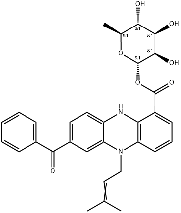 α-L-Mannopyranose, 6-deoxy-, 1-[7-benzoyl-5,10-dihydro-5-(3-methyl-2-buten-1-yl)-1-phenazinecarboxylate] Structure
