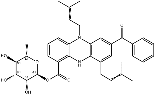 α-L-Mannopyranose, 6-deoxy-, 1-[7-benzoyl-5,10-dihydro-5,9-bis(3-methyl-2-buten-1-yl)-1-phenazinecarboxylate] Structure