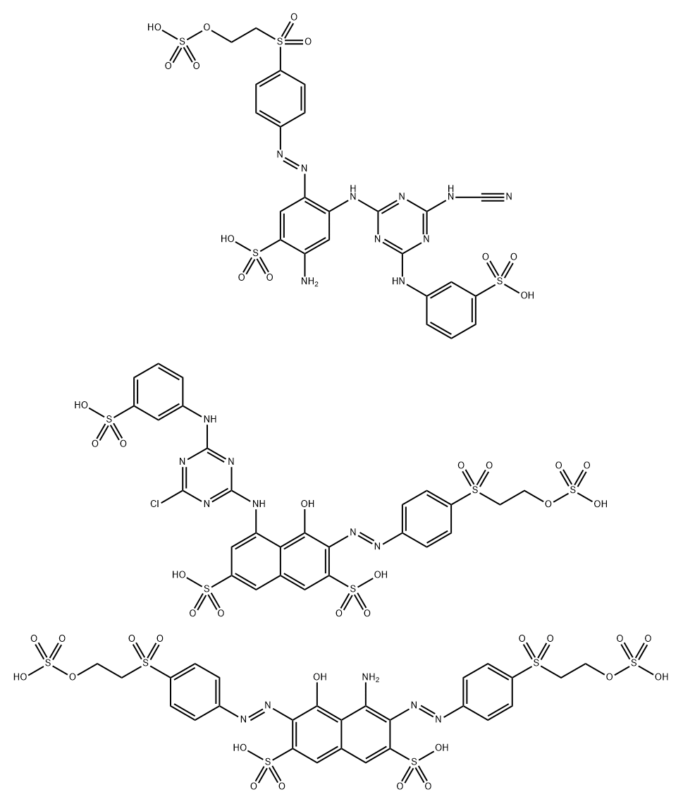 2,7-Naphthalenedisulfonic acid, 4-amino-5-hydroxy-3,6-bis[[4-[[2-(sulfooxy)ethyl]sulfonyl]phenyl]azo]-, mixt. with 2-amino-4-[[4-(cyanoamino)-6-[(3-sulfophenyl)amino]-1,3,5-triazin-2-yl]amino]-5-[[4-[[2-(sulfooxy)ethyl]sulfonyl]phenyl]azo]benzenesulfonic acid and 5-[[4-chloro-6-[(3-sulfophenyl)amino]-1,3,5-triazin-2-yl]amino]-4-hydroxy-3-[[4-[[2-(sulfooxy)ethyl]sulfonyl]phenyl]azo]-2,7-naphthalenedisulfonic acid 구조식 이미지