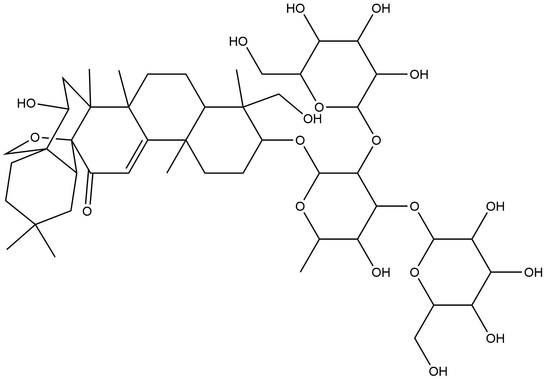 Olean-9(11)-en-12-one, 13,28-epoxy-3-[(O-β-D-glucopyranosyl-(1→2)-O-[β-D-glucopyranosyl-(1→3)]-6-deoxy-β-D-galactopyranosyl)oxy]-16,23-dihydroxy-, (3β,4α,16β)- Structure