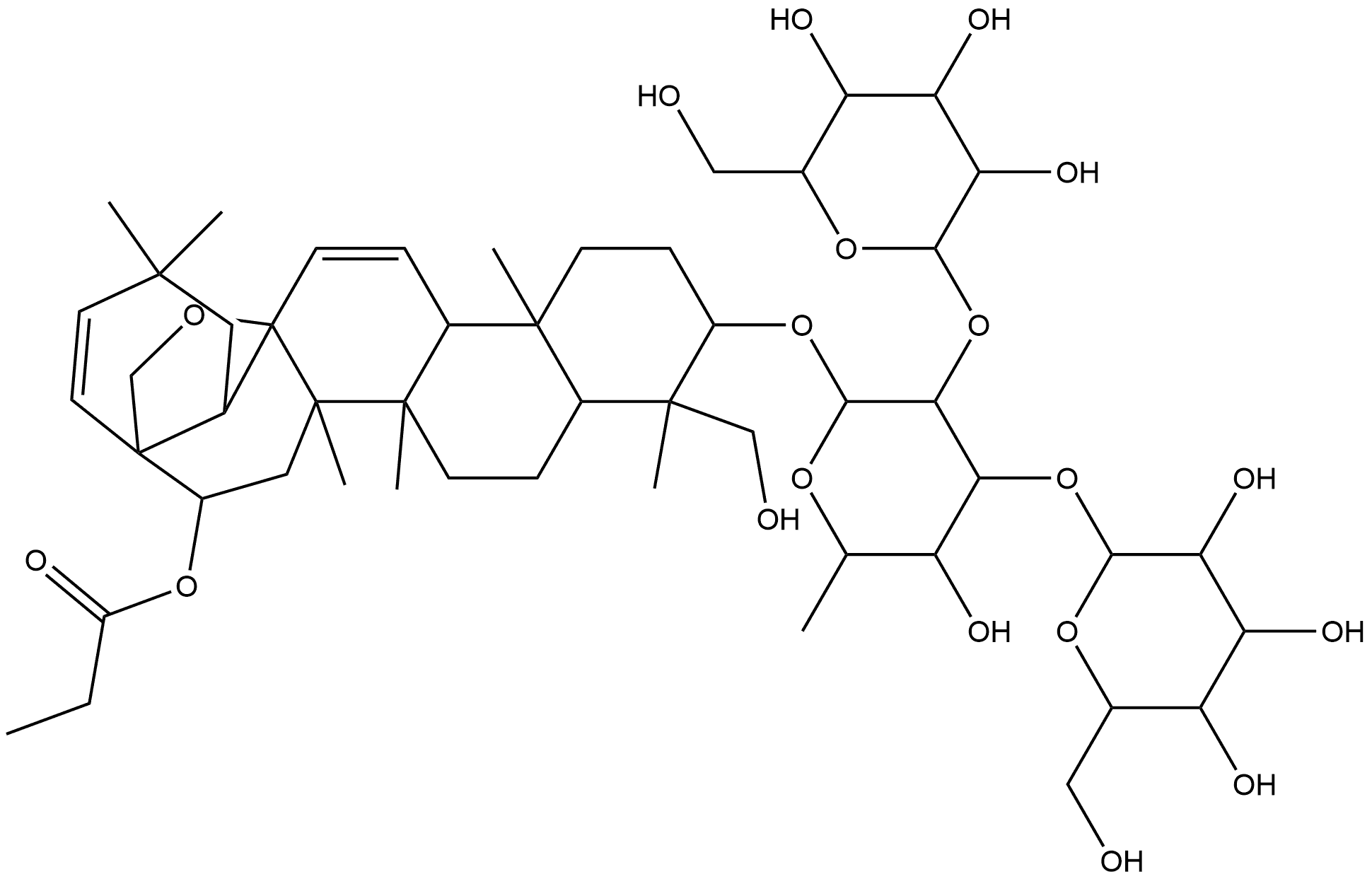 β-D-Galactopyranoside, (3β,4α,16β)-13,28-epoxy-23-hydroxy-16-(1-oxopropoxy)oleana-11,21-dien-3-yl O-β-D-glucopyranosyl-(1→2)-O-[β-D-glucopyranosyl-(1→3)]-6-deoxy- Structure