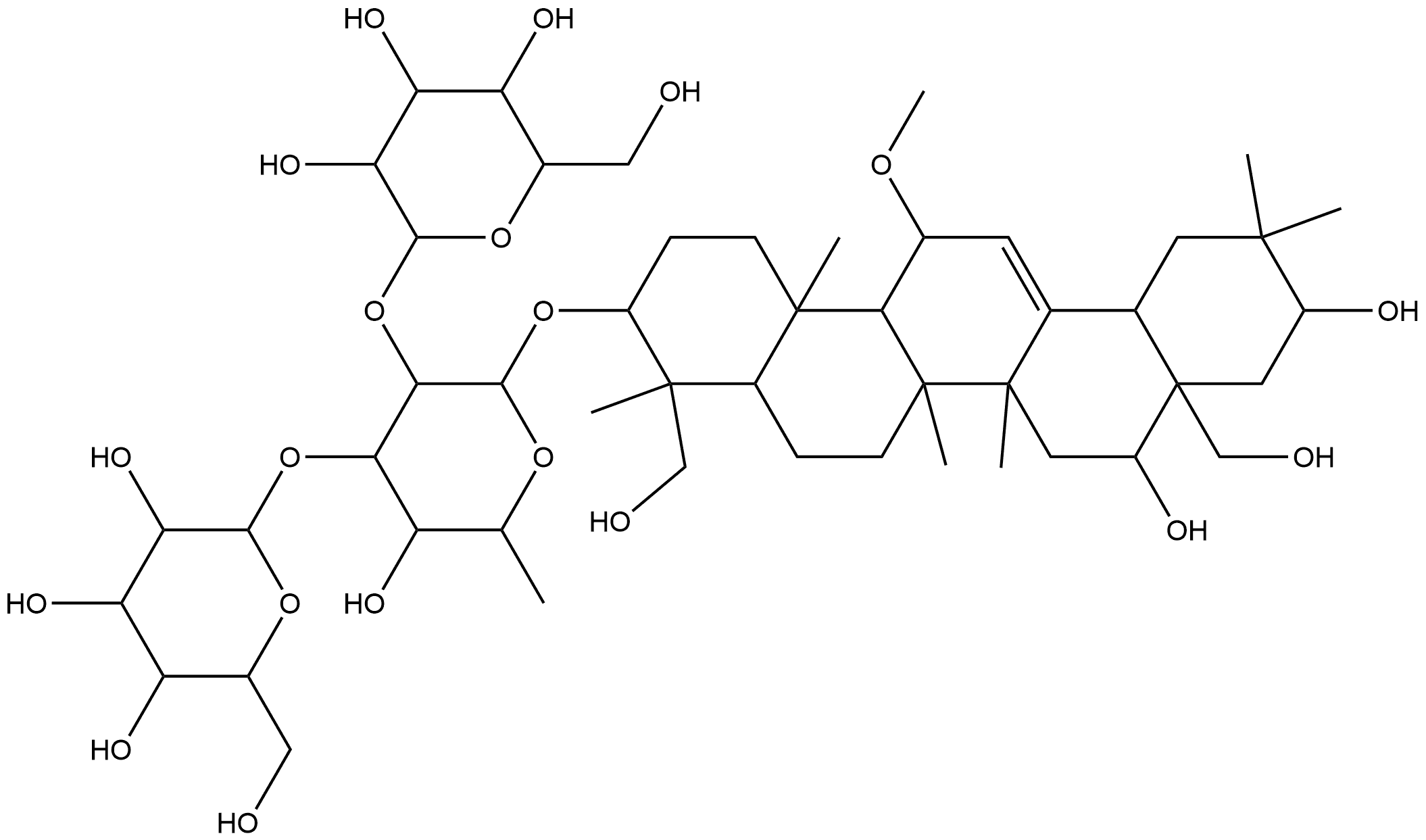 β-D-Galactopyranoside, (3β,4α,11α,16β,21α)-16,21,23,28-tetrahydroxy-11-methoxyolean-12-en-3-yl O-β-D-glucopyranosyl-(1→2)-O-[β-D-glucopyranosyl-(1→3)]-6-deoxy- Structure