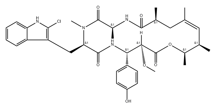 Cyclo[(2S,3S)-3-(4-hydroxyphenyl)-2-methoxy-β-alanyl-(2S,4E,6R,7R)-7-hydroxy-2,4,6-trimethyl-4-octenoyl-L-alanyl-2-chloro-N-methyl-D-tryptophyl] Structure