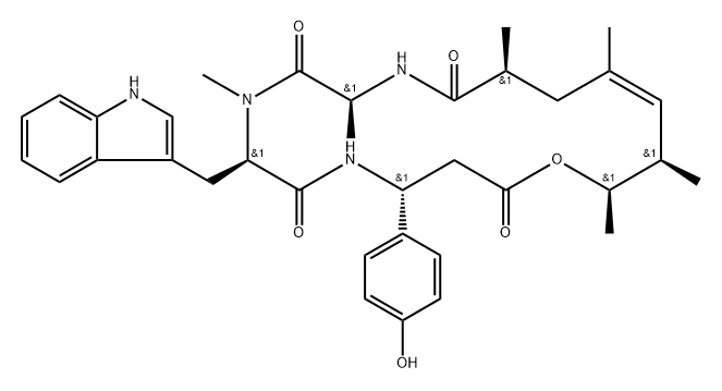 Cyclo[(3R)-3-(4-hydroxyphenyl)-β-alanyl-(2S,4E,6R,7R)-7-hydroxy-2,4,6-trimethyl-4-octenoyl-L-alanyl-N-methyl-D-tryptophyl] Structure