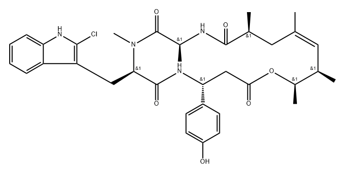 Cyclo[(3R)-3-(4-hydroxyphenyl)-β-alanyl-(2S,4E,6R,7R)-7-hydroxy-2,4,6-trimethyl-4-octenoyl-L-alanyl-2-chloro-N-methyl-D-tryptophyl] Structure