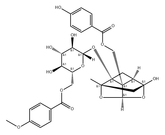 β-D-Glucopyranoside, (1aR,2S,3aR,5R,5aR,5bS)-tetrahydro-5-hydroxy-5b-[[(4-hydroxybenzoyl)oxy]methyl]-2-methyl-2,5-methano-1H-3,4-dioxacyclobuta[cd]pentalen-1a(2H)-yl, 6-(4-methoxybenzoate) Structure