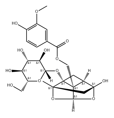 β-D-Glucopyranoside, (1aR,2S,3aR,5R,5aR,5bS)-tetrahydro-5-hydroxy-5b-[[(4-hydroxy-3-methoxybenzoyl)oxy]methyl]-2-methyl-2,5-methano-1H-3,4-dioxacyclobuta[cd]pentalen-1a(2H)-yl Structure