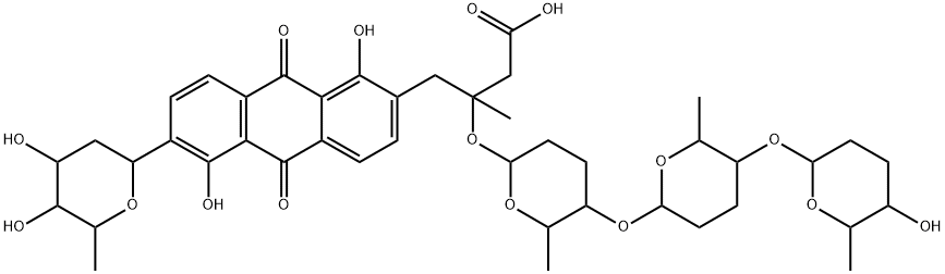 2-Anthracenebutanoic acid, 6-(2,6-dideoxy-β-D-lyxo-hexopyranosyl)-9,10-dihydro-1,5-dihydroxy-β-methyl-9,10-dioxo-β-[[(2R,5S,6S)-tetrahydro-6-methyl-5-[[(2S,5R,6S)-tetrahydro-6-methyl-5-[[(2R,5R,6S)-tetrahydro-5-hydroxy-6-methyl-2H-pyran-2-yl]oxy]-2H-pyran-2-yl]oxy]-2H-pyran-2-yl]oxy]-, (βR)- (9CI) Structure