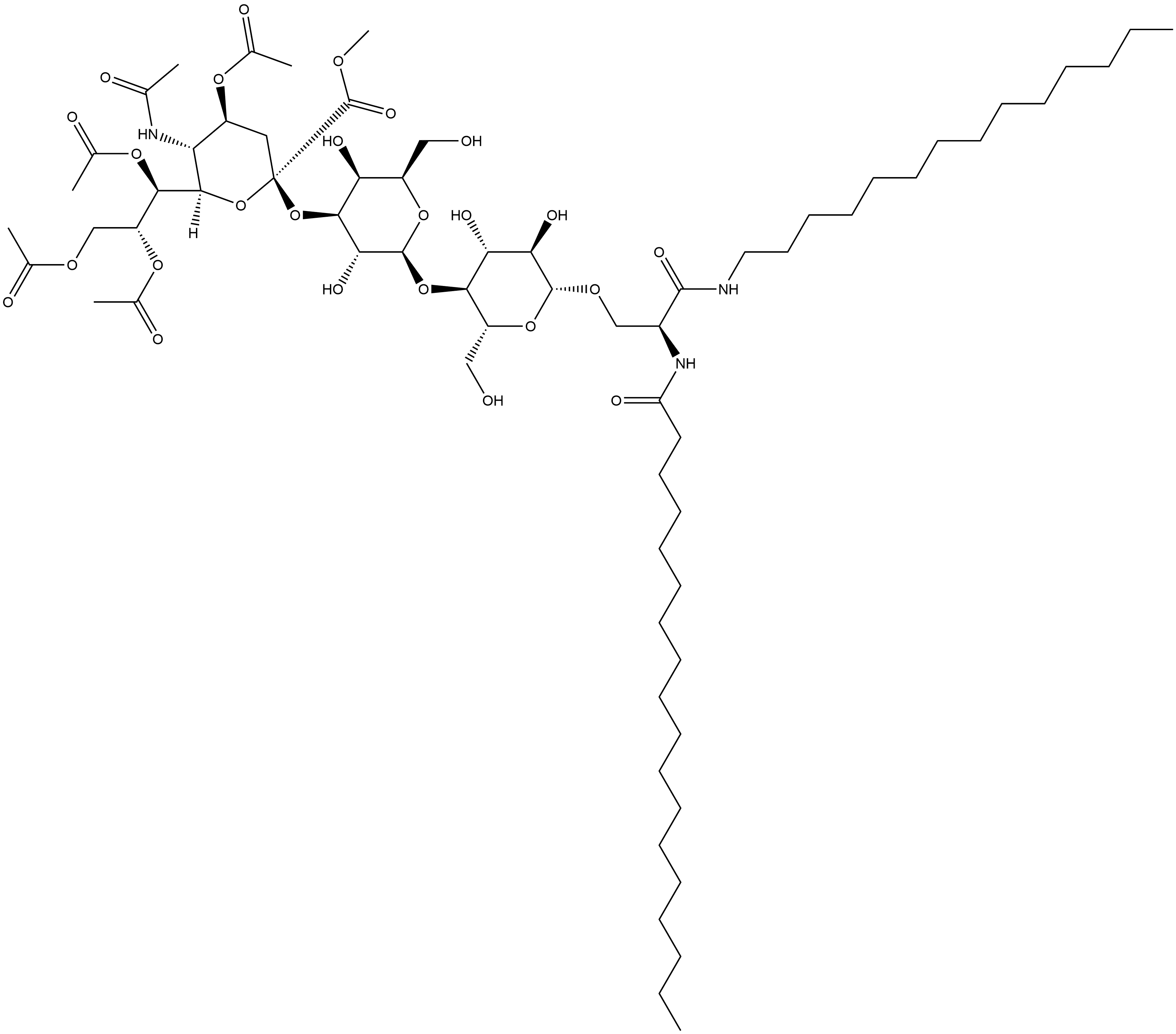 (S)-N-[1-[[[O-(N-acetyl-4,7,8,9-tetra-O-acetyl-1-methyl-α-neuraminosyl)-(2→3)-O-β-D-galactopyranosyl-(1→4)-β-D-glucopyranosyl]oxy]methyl]-2-oxo-2-(tetradecylamino)ethyl]-Octadecanamide Structure