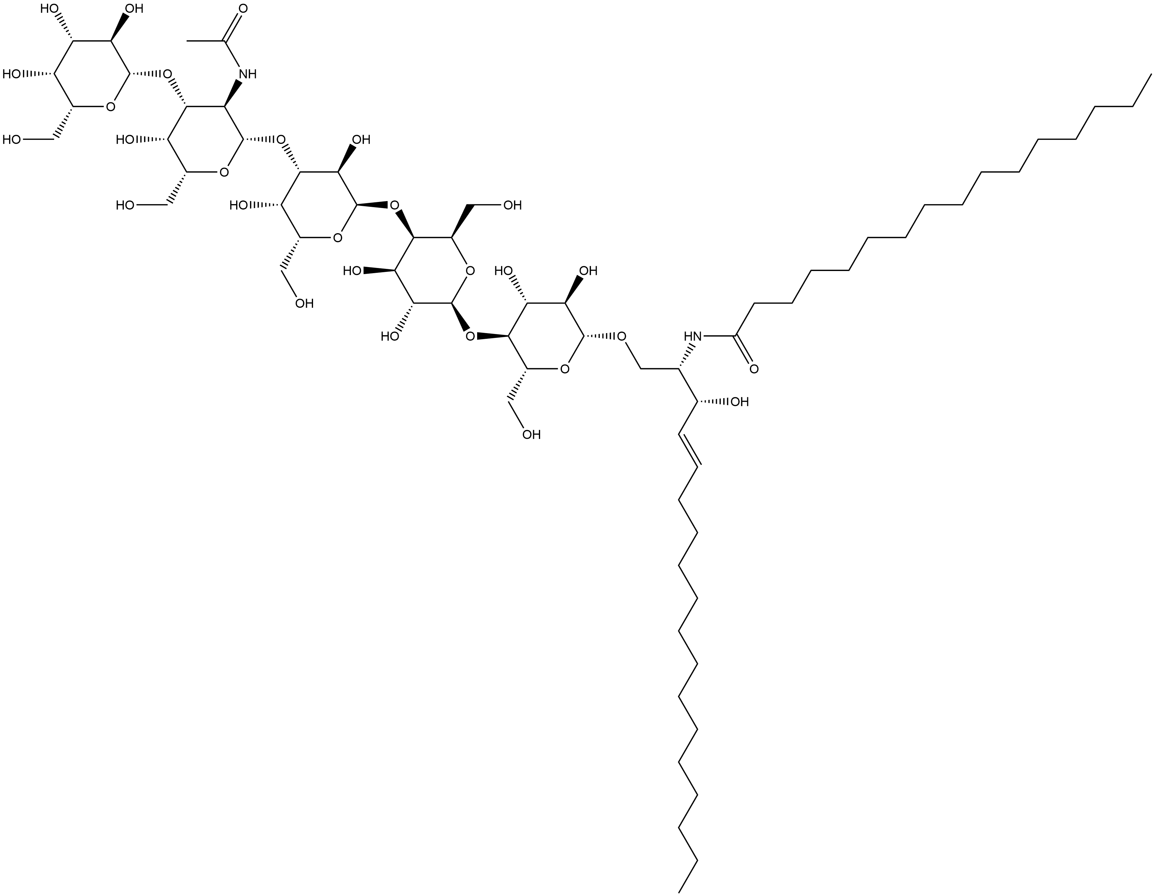 Hexadecanamide, N-[(1S,2R,3E)-1-[[[O-β-D-galactopyranosyl-(1→3)-O-2-(acetylamino)-2-deoxy-β-D-galactopyranosyl-(1→3)-O-α-D-galactopyranosyl-(1→4)-O-β-D-galactopyranosyl-(1→4)-β-D-glucopyranosyl]oxy]methyl]-2-hydroxy-3-heptadecen-1-yl]- Structure