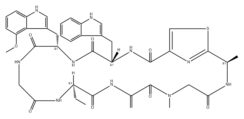 Cyclo[2,3-didehydroalanyl-N-methylglycyl-2-[(1R)-1-aminoethyl]-4-thiazolecarbonyl-L-tryptophyl-4-methoxy-L-tryptophylglycyl-(2R)-2-aminobutanoyl] Structure