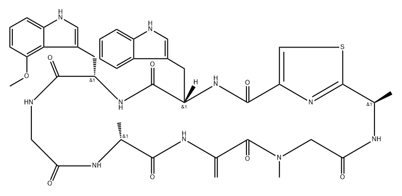 Cyclo[D-alanyl-2,3-didehydroalanyl-N-methylglycyl-2-[(1R)-1-aminoethyl]-4-thiazolecarbonyl-L-tryptophyl-4-methoxy-L-tryptophylglycyl] Structure