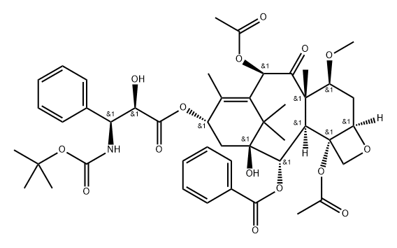 Cabazitaxel Impurity 5/(2aR,4S,4aS,6R,9S,11S,12S,12aR,12bS)-12-(benzoyloxy)-9-(((2R,3S)-3-((tert-butoxycarbonyl)amino)-2-hydroxy-3-phenylpropanoyl)oxy)-11-hydroxy-4-methoxy-4a,8,13,13-tetramethyl-5-oxo-3,4,4a,5,6,9,10,11,12,12a-decahydro-1H-7,11-methanocyclodeca[3,4]benzo[1,2-b]oxete-6,12b(2aH)-diyl diacetate Structure