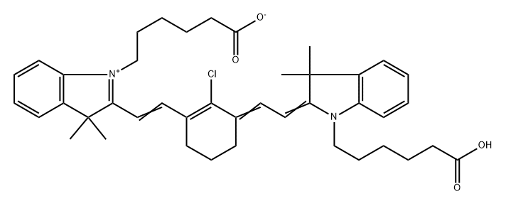 3H-Indolium, 1-(5-carboxypentyl)-2-[2-[3-[2-[1-(5-carboxypentyl)-1,3-dihydro-3,3-dimethyl-2H-indol-2-ylidene]ethylidene]-2-chloro-1-cyclohexen-1-yl]ethenyl]-3,3-dimethyl-, inner salt Structure
