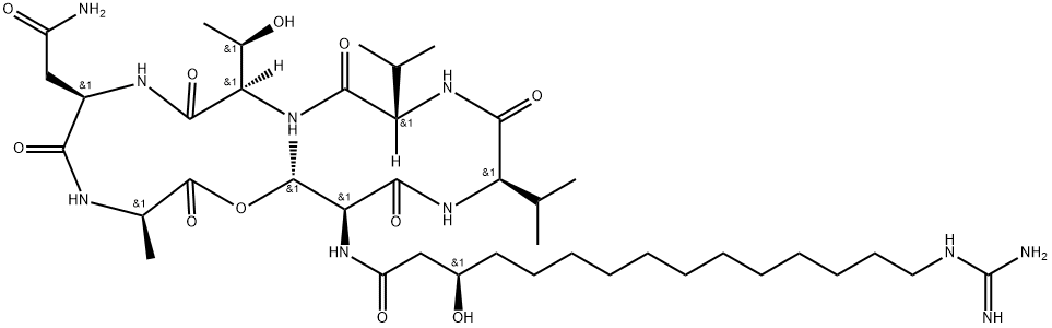 D-Alanine, N-[(3R)-15-[(aminoiminomethyl)amino]-3-hydroxy-1-oxopentadecyl]-L-threonyl-D-valyl-L-valyl-D-allothreonyl-D-asparaginyl-, (6→13)-lactone Structure